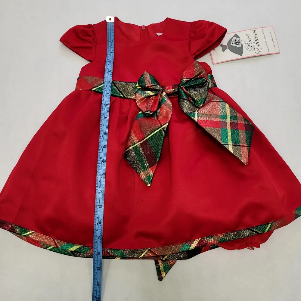 Rare Editions Baby Girl Plaid Bow Detail Satin Dress With Diaper Panty